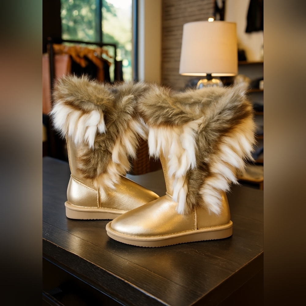 JustFab Gold Metallic Fur-Trimmed Boots